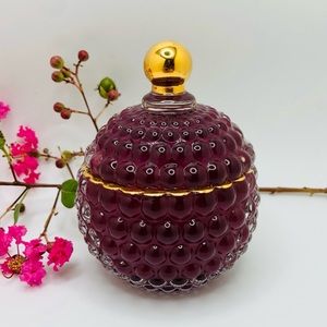 Red Ruby Colored Clear Glass Bubble Gold Tone Trim Trinket Lidded Box